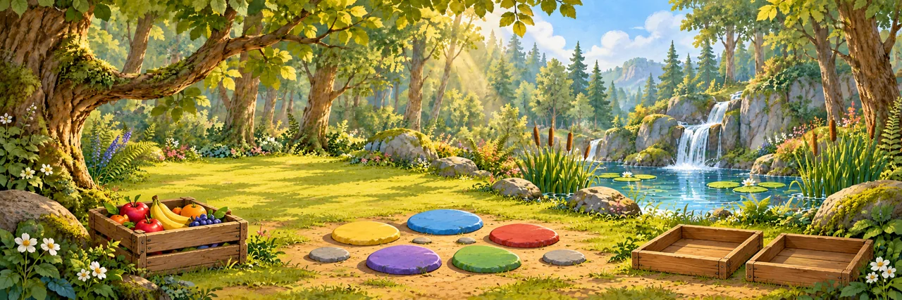 Owl’s current woodland clearing artwork, with a fruit crate, coloured stepping stones and sorting trays beside a waterfall.